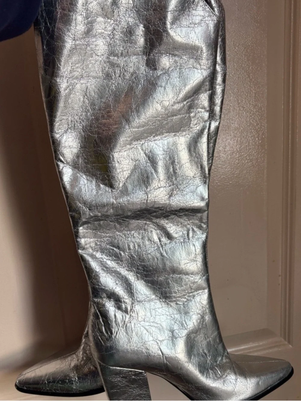 Metallic Silver Knee-High Block Heel Boots - Women Steve Madden
